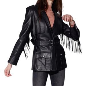 Walter Baker Linda Fringe Belted Lamb Leather Jacket Black Size S